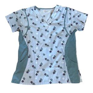 Medical Station Scrub Top Wms Med?  V Neck Apple Pattern Teal Panels Soft READ
